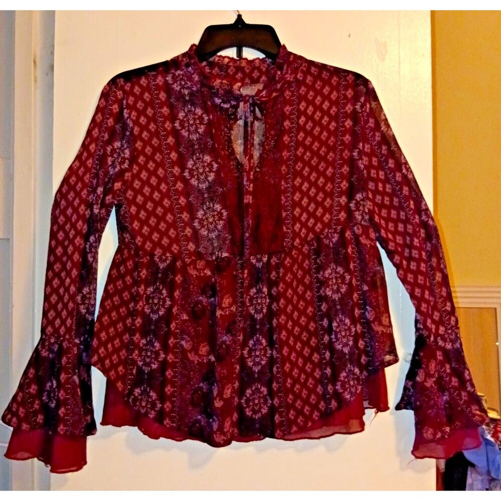 Arizona Jeans Womens Small Burgundy Sheer Mesh Lace Tie Neck Bell Sleeve Blouse